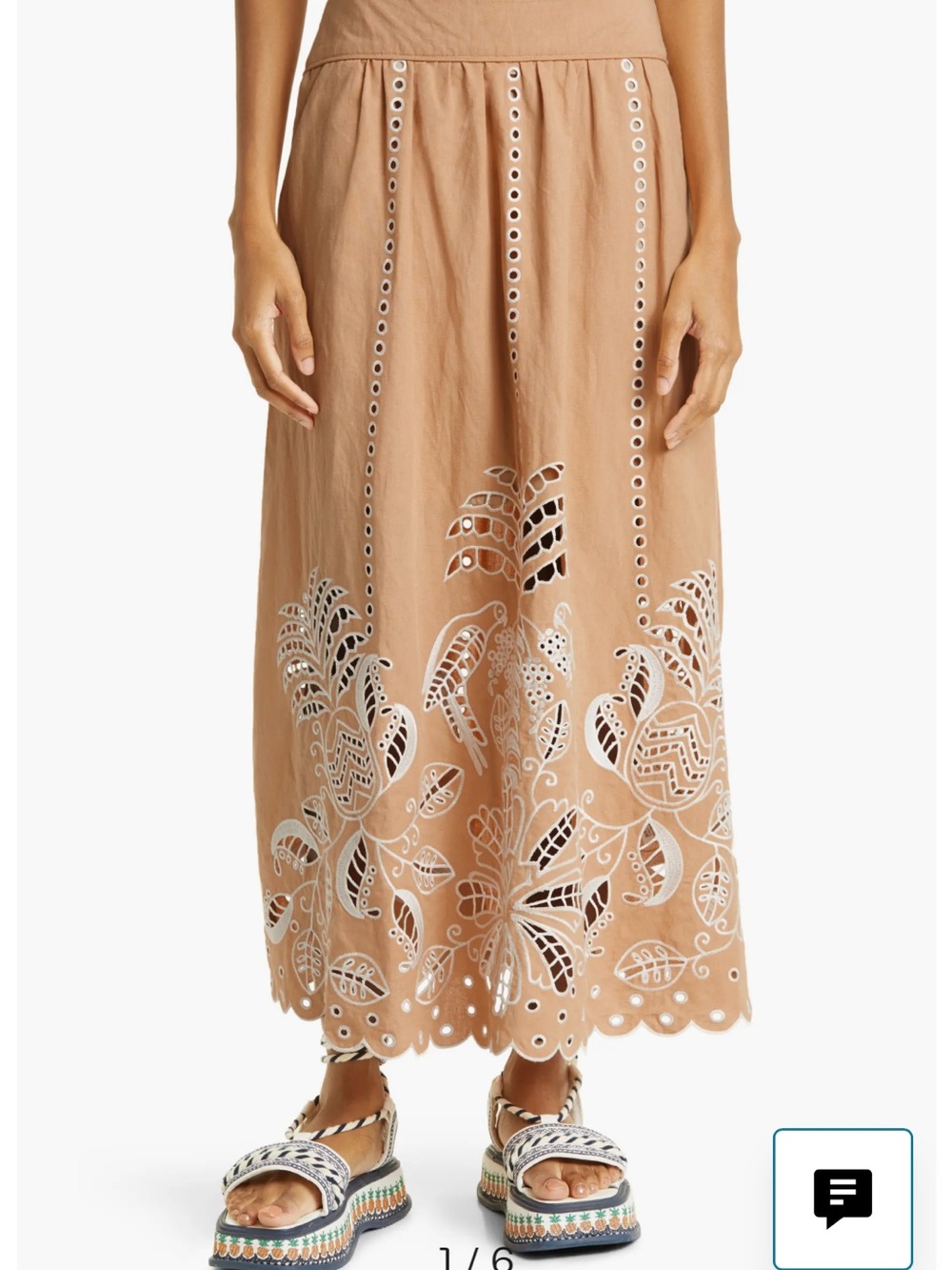 Farm Rio Richilieu Tan Embroidered Eyelet Midi Skirt